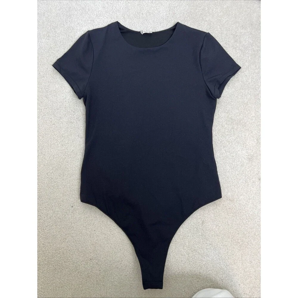 Women’s Free People Intimately M Black Thong Bodysuit Short Sleeve Minimalist